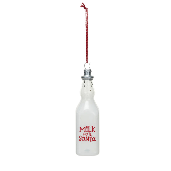 GLASS MILK BOTTLE ORNAMENT "MILK FOR SANTA", WHITE & RED