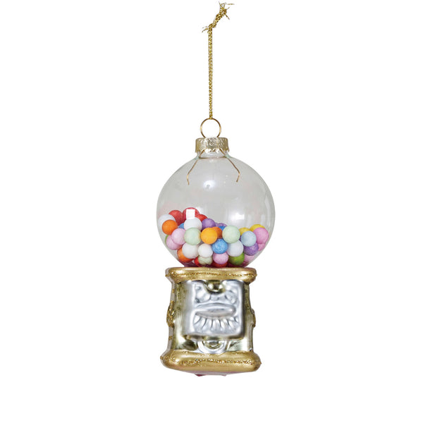 GLASS GUMBALL MACHINE ORNAMENT W/ GLITTER, MULTI COLOR