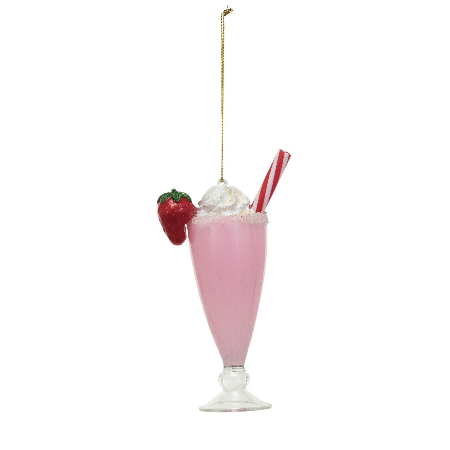 GLASS MILKSHAKE W/ STRAW ORNAMENT, PINK & WHITE