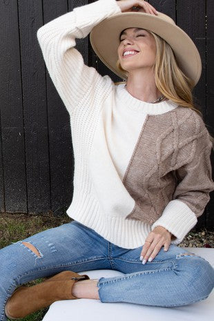 SALE-KNIT COLOR BLOCK BROWN/WHITE SWEATER