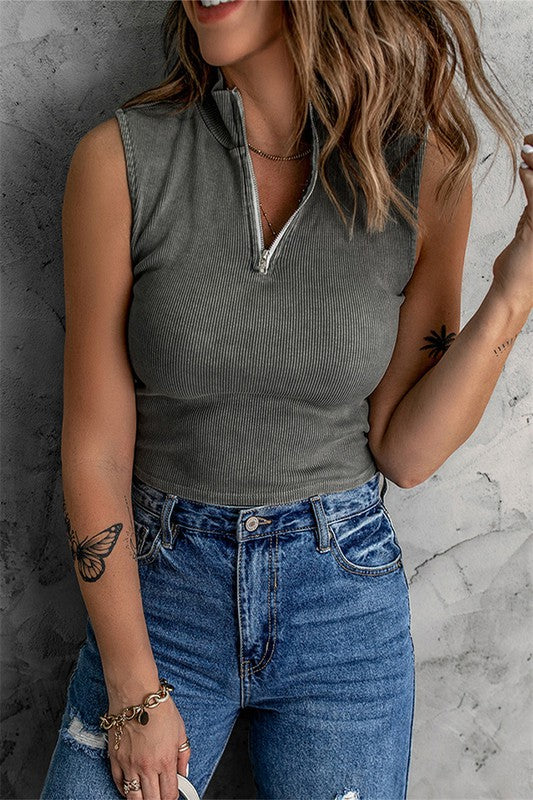 SALE-GRAY ZIP-UP RIBBED CROPPED TANK TOP-SALE