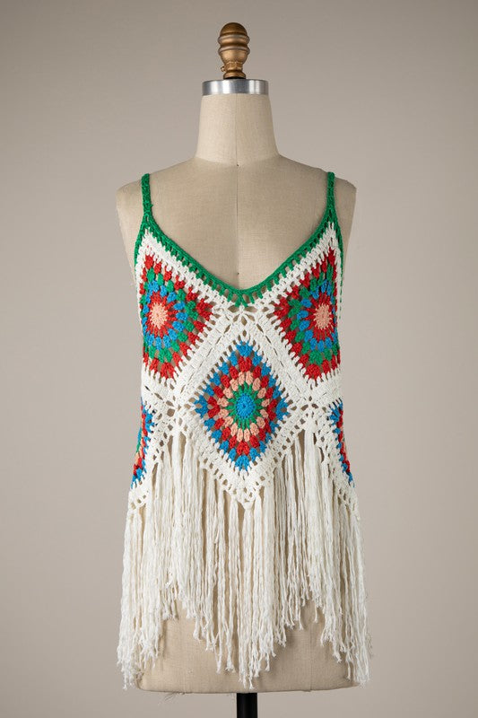 SALE-CROCHET DIAMOND PATCH TANK CAMI W/ FRINGE-SALE