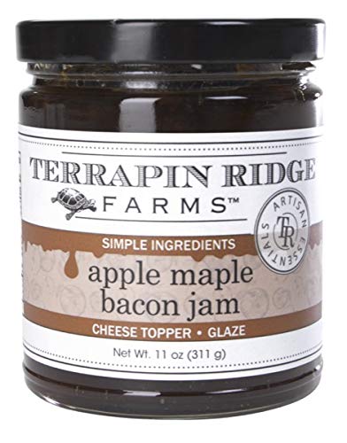 A jar of Terrapin Ridge Farms Apple Maple Bacon Jam with the label facing forward. The label indicates that it is a simple recipe with cheese topper and glaze.