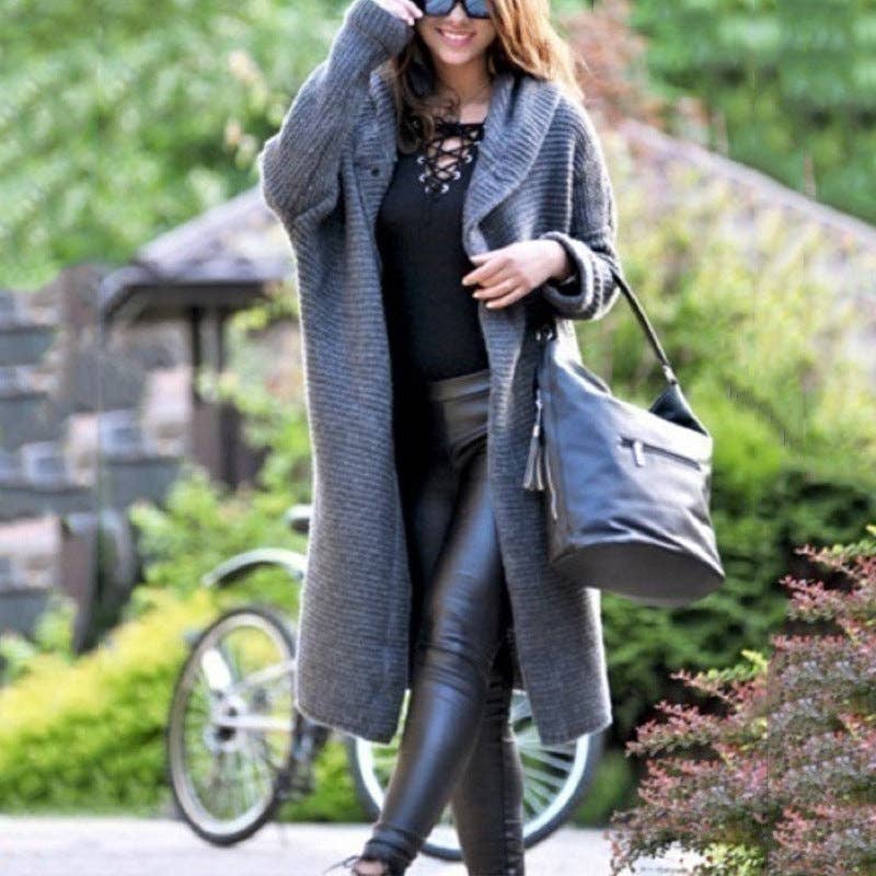 GRAY BUTTON HOODED SOLID COLOR KNIT COAT