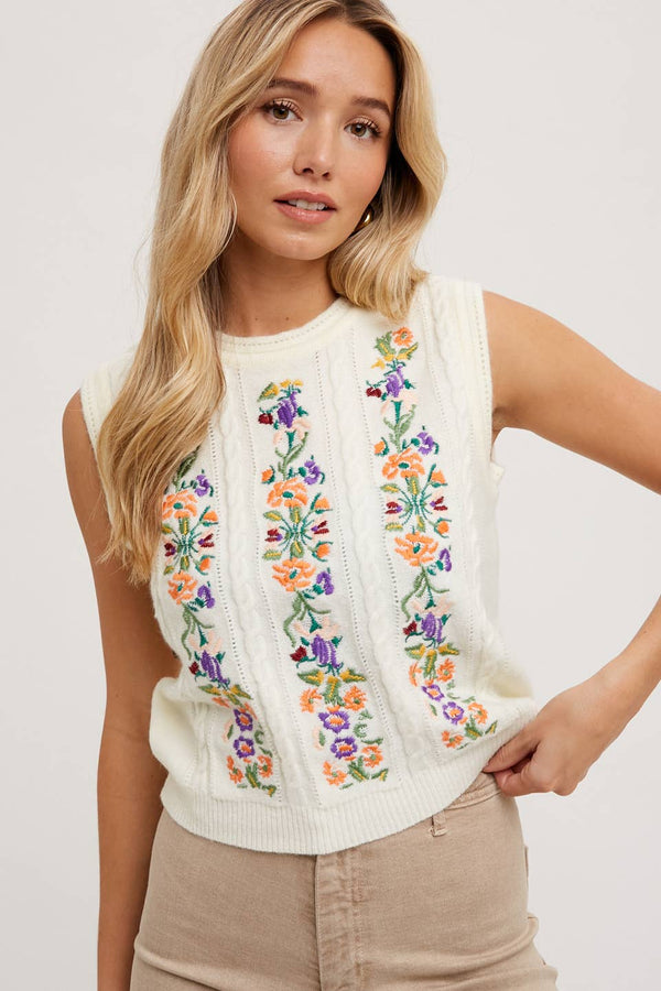 EMBROIDERED SLEEVELESS KNIT TANK TOP