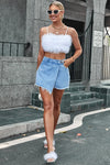 DENIM FRAYED IRREGULAR ASYMMETRIC FOLD OVER SKORT-SALE