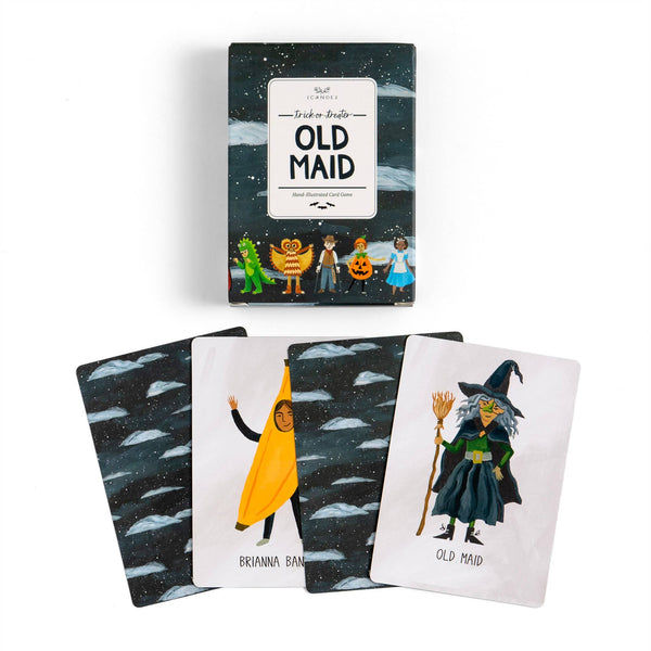 The image shows a card from the 'Trick-Or-Treaters Old Maid Card Game' featuring a cartoon character in a black witch's hat and a pumpkin. The background is dark with stars.