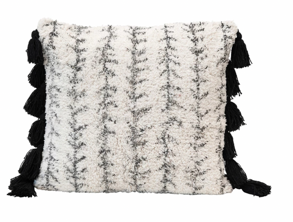 SALE-BLACK WHITE 18" COTTON PRINTED TUFTED PILLOW WITH TASSELS