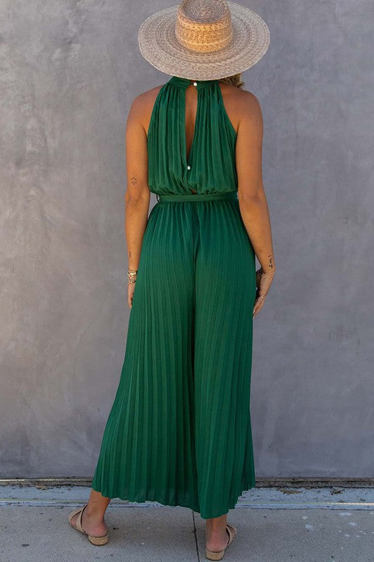 SALE-GREEN HALTER NECK PLEATED WIDE LEG JUMPSUIT WITH BELT-SALE