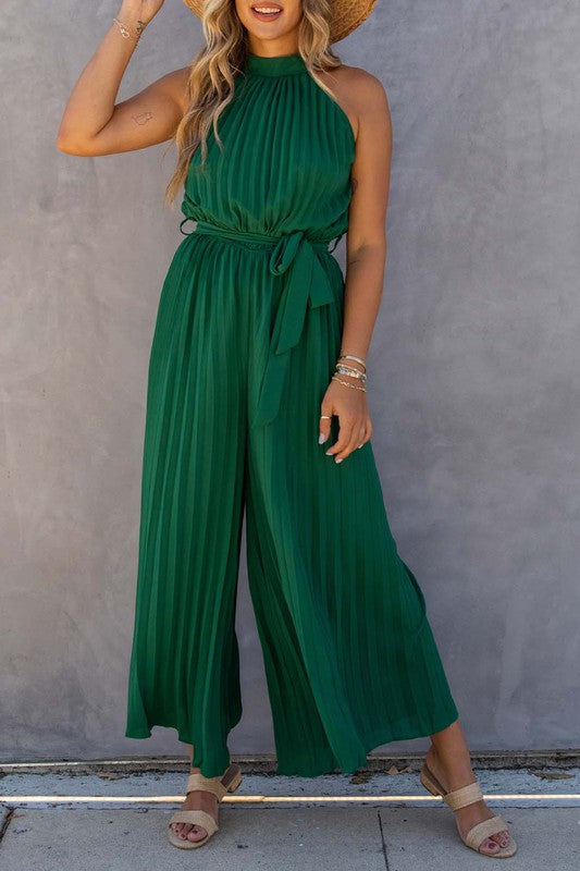 SALE-GREEN HALTER NECK PLEATED WIDE LEG JUMPSUIT WITH BELT-SALE