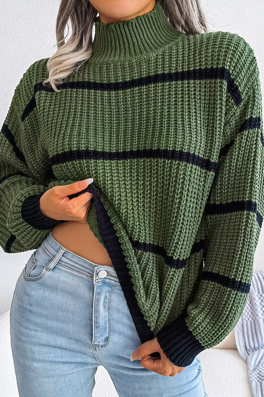 GREEN STRIPED TURTLE NECK SWEATER