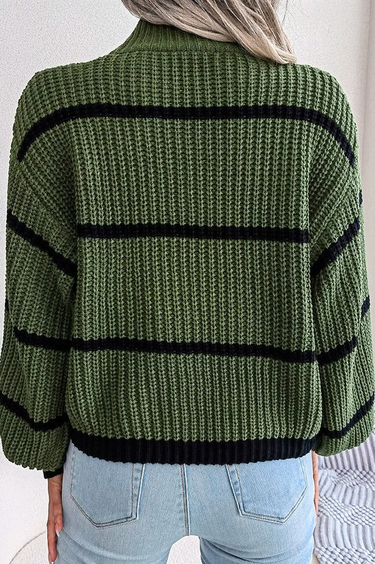 GREEN STRIPED TURTLE NECK SWEATER