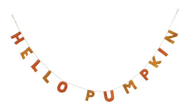 A wool felt banner with the text 'Hello Pumpkin' written in orange and mustard colors, designed for Halloween decoration.