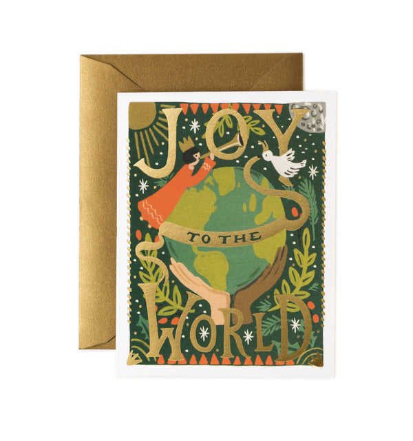 A holiday card with a natural white cover, metallic gold foil stamping, and the text 'joy to the WORLD' on a depiction of a globe with people and plants.
