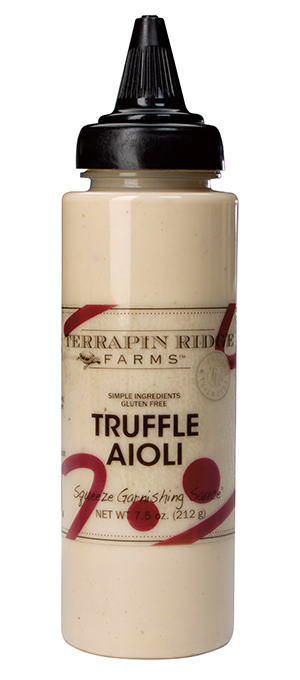 A bottle of Terrapin Ridge Farms Truffle Aioli, with a black cap and a label that includes the product name and the phrase 'Gluten Free Keto Friendly'.
