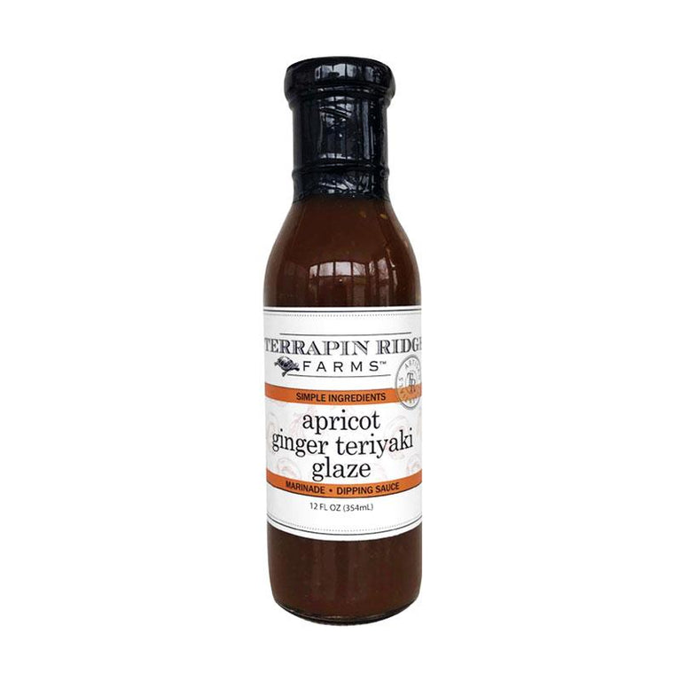 Bottle of Terrapin Ridge Farms Apricot Ginger Teriyaki Glaze with the label visible, showing the product name and brand.