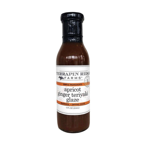 Bottle of Terrapin Ridge Farms Apricot Ginger Teriyaki Glaze with the label visible, showing the product name and brand.