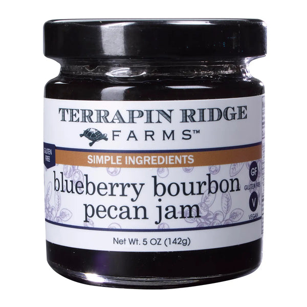 A jar of Blueberry Bourbon Pecan Jam labeled Terrapin Ridge Farms with a net weight of 5 oz (142g).