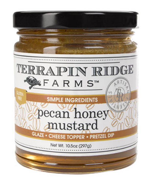 A jar of Terrapin Ridge Farms Pecan Honey Mustard with a label showing the product name and ingredients.