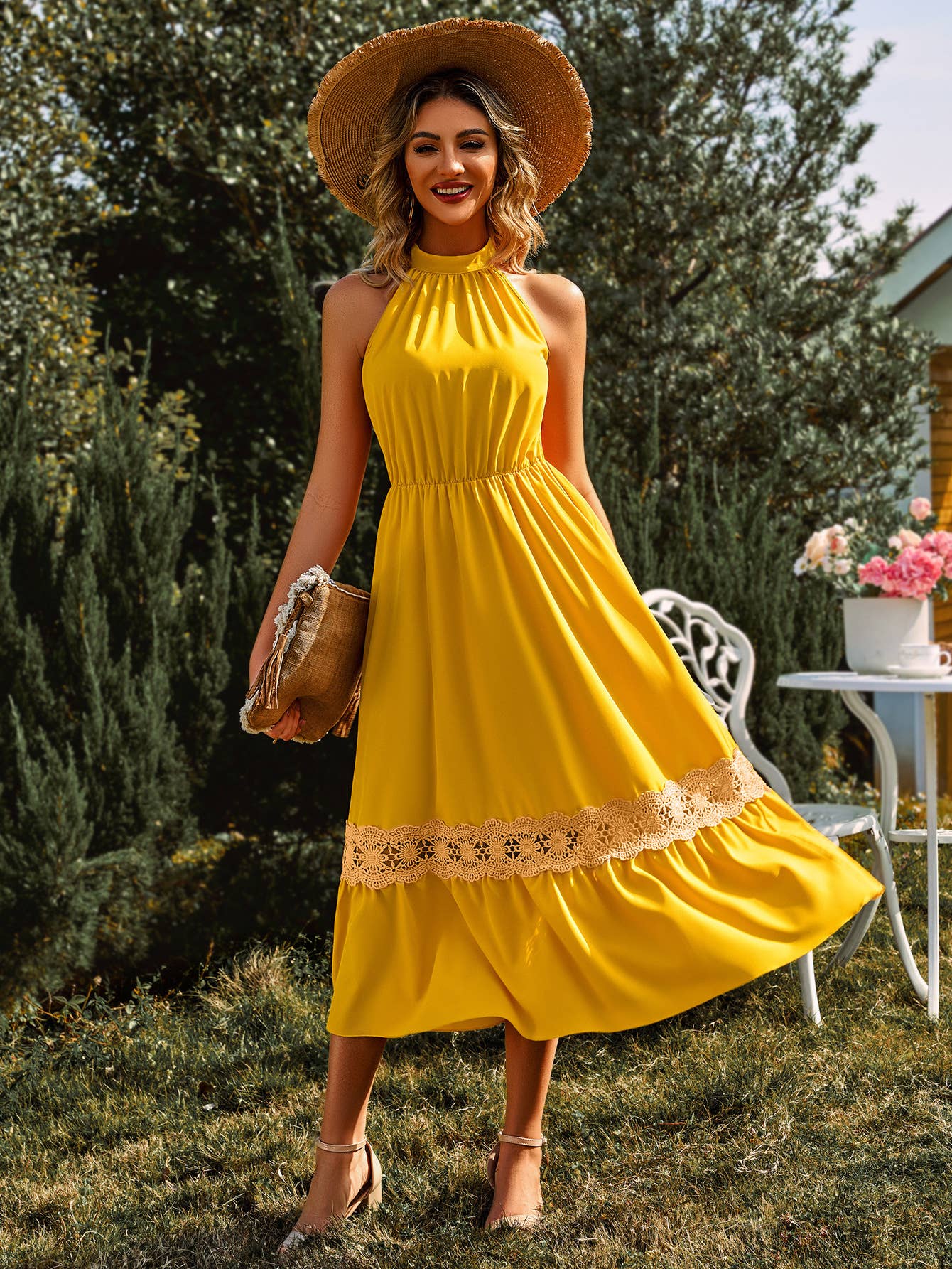 YELLOW HALTER MIDI DRESS WITH CROCHET DETAILS