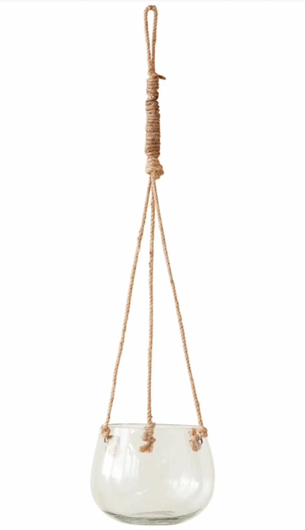 HANGING GLASS BOWL VASE/PLANTER WITH JUTE ROPE