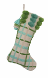 WOVEN COTTON AND WOOL STOCKING WITH GRID PATTERN, TASSELS AND POM POMS