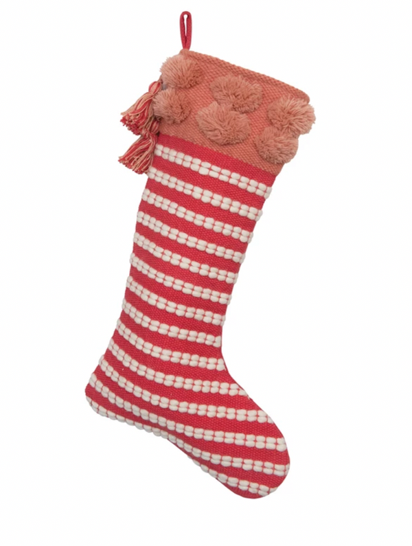 RED & WHITE WOVEN COTTON & WOOL STRIPED STOCKING WITH TASSELS & POM