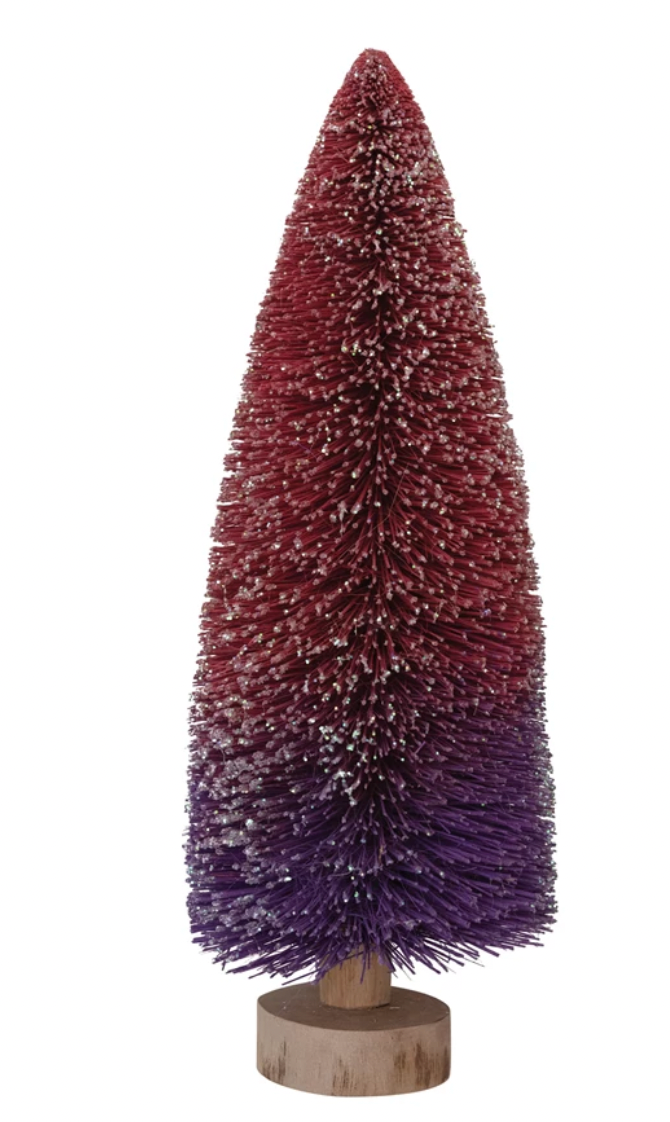 BURGUNDY OMBRE GLITTER BOTTLE BRUSH TREE WITH WOOD BASE