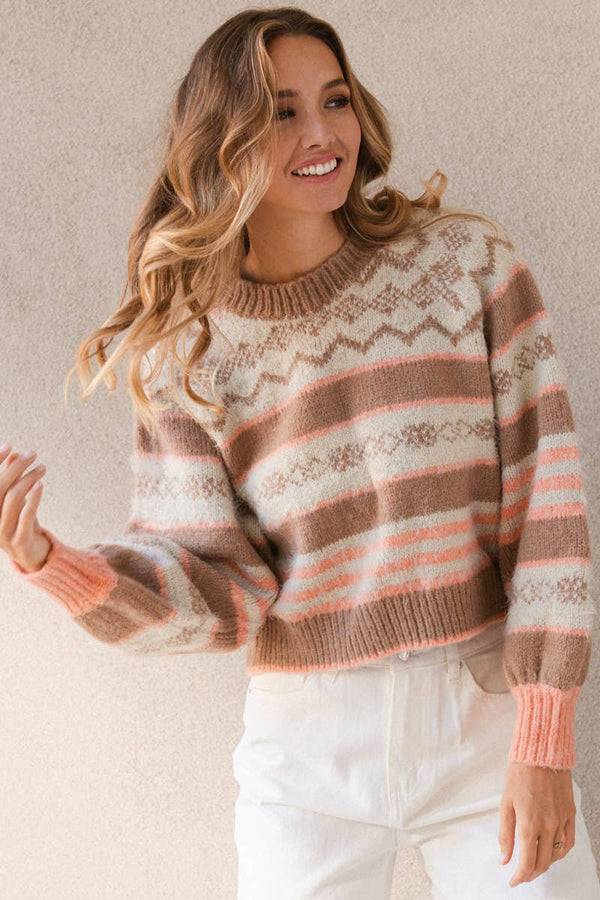 MULTI PATTERN CREW NECK SWEATER, PEACH