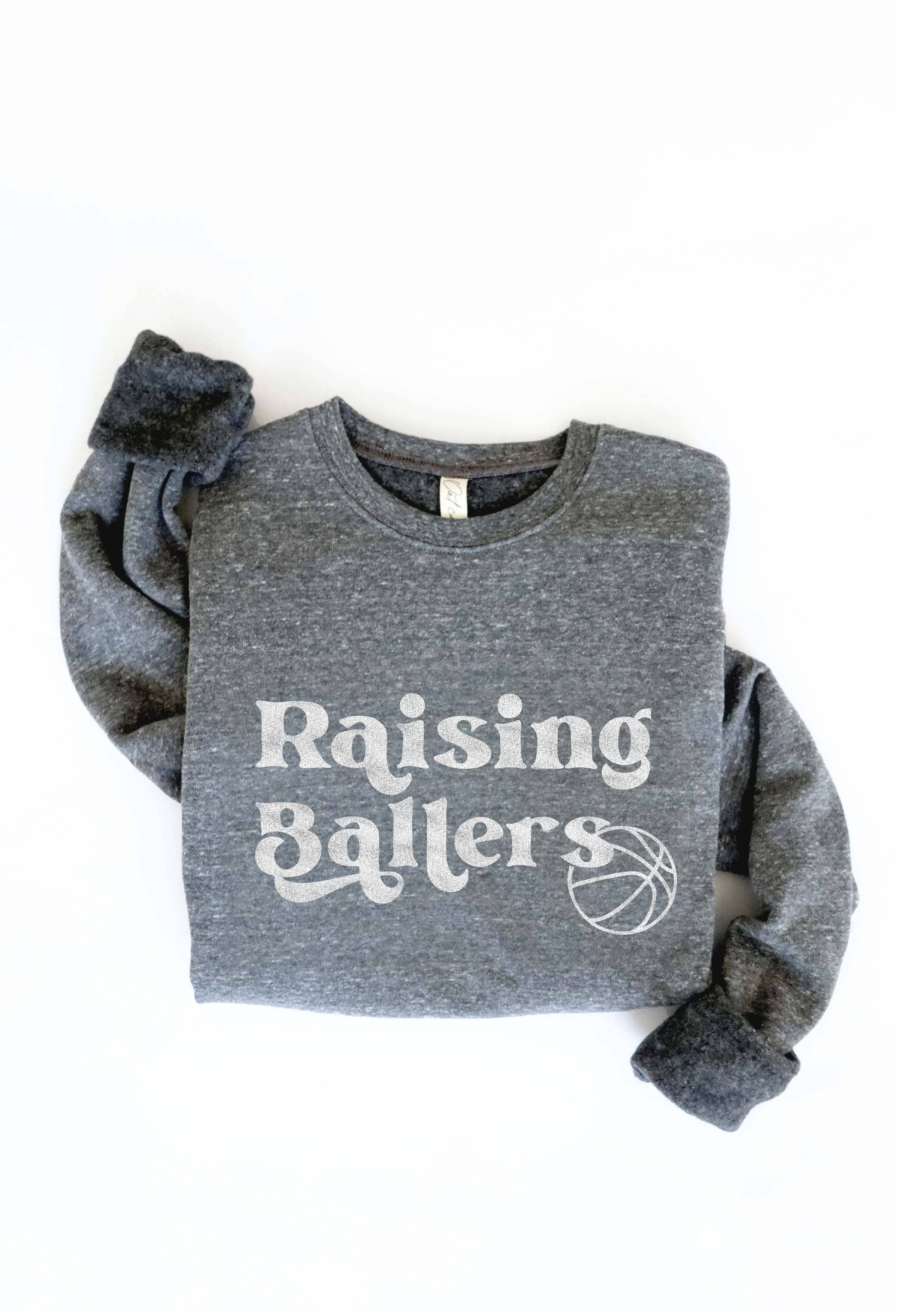 Raising Ballers graphic grey sweatshirt for basketball mom crewneck