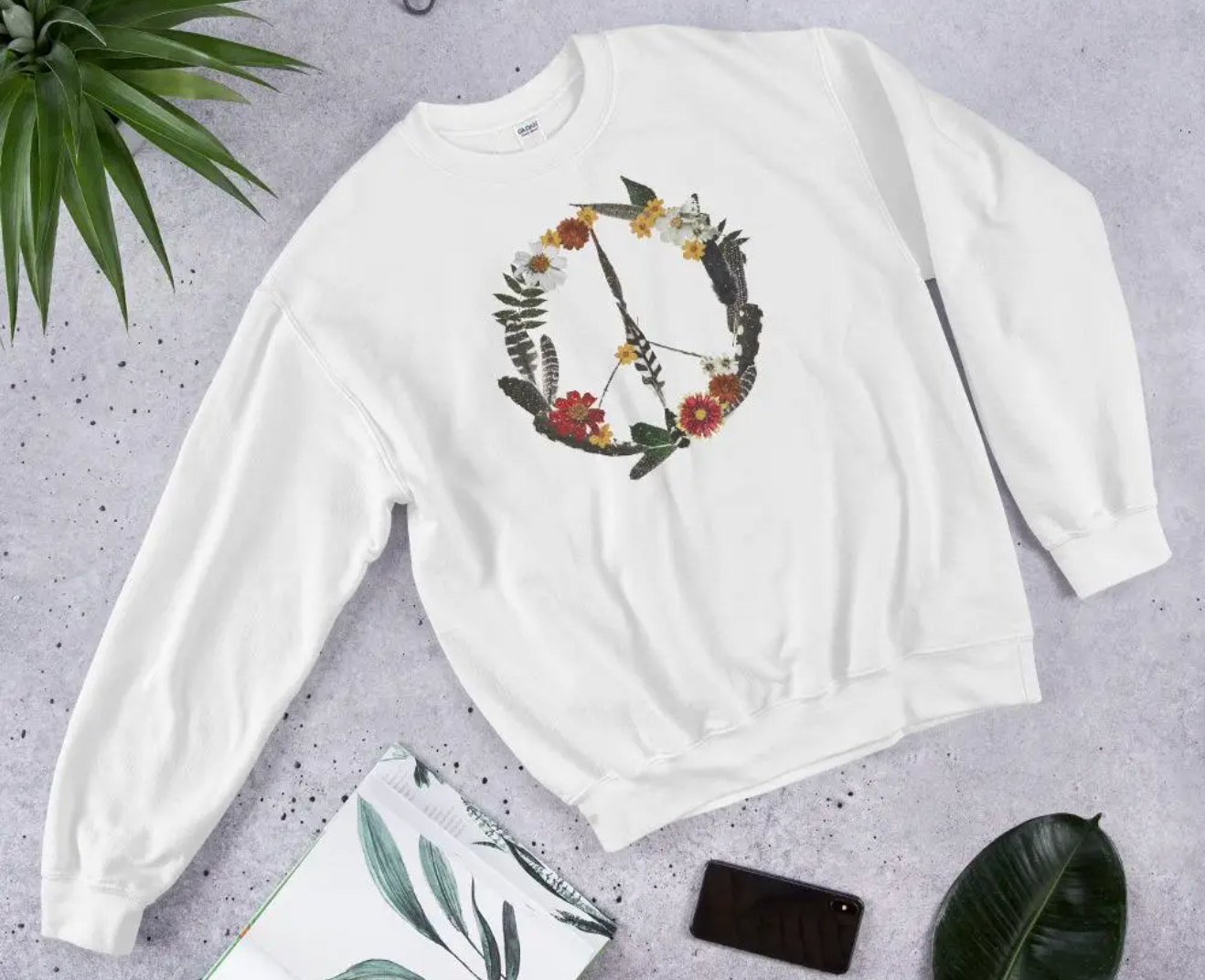 PEACE FLOWER FLEECE PULLOVER SWEATSHIRT-SALE